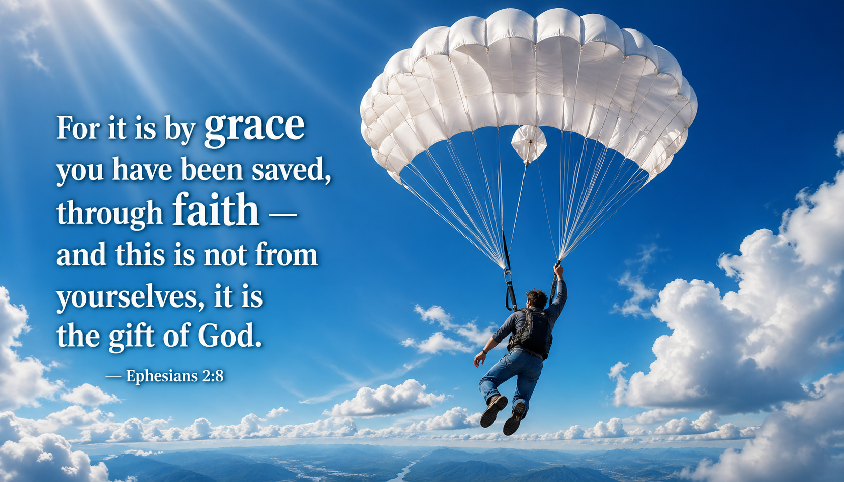 Parachute opening above a falling person against blue sky with Ephesians 2:8 verse about being saved by grace through faith